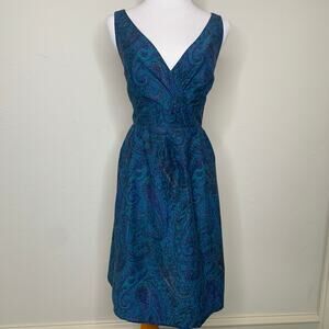 Lands' End Blue Paisley A Line Dress Sz 10P Silk Blend